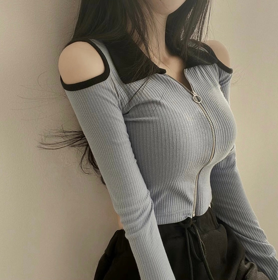 小性感露肩拉鍊貼身Crop Top