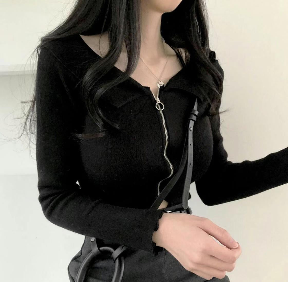 木耳邊翻領拉鍊長袖Top