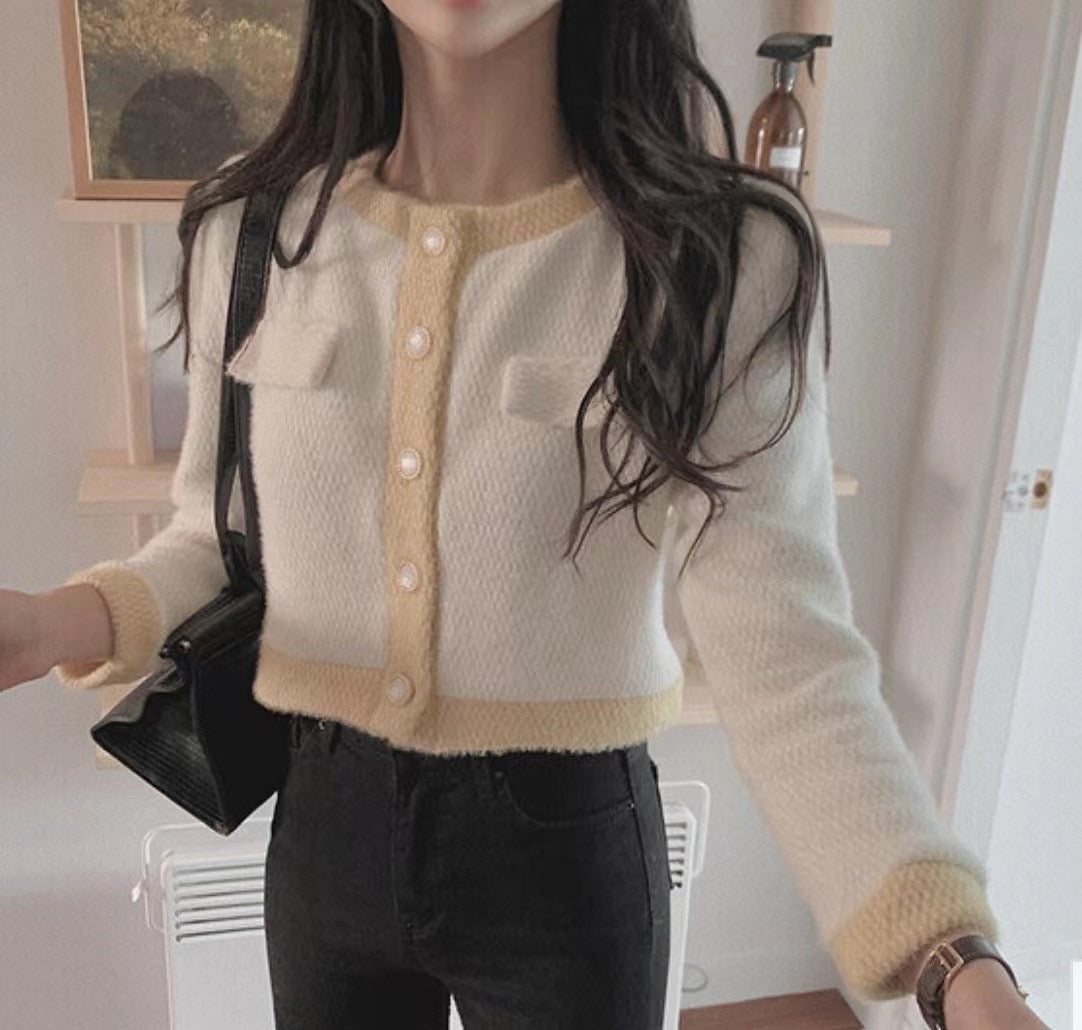 毛絨拼色珍珠Cardigans