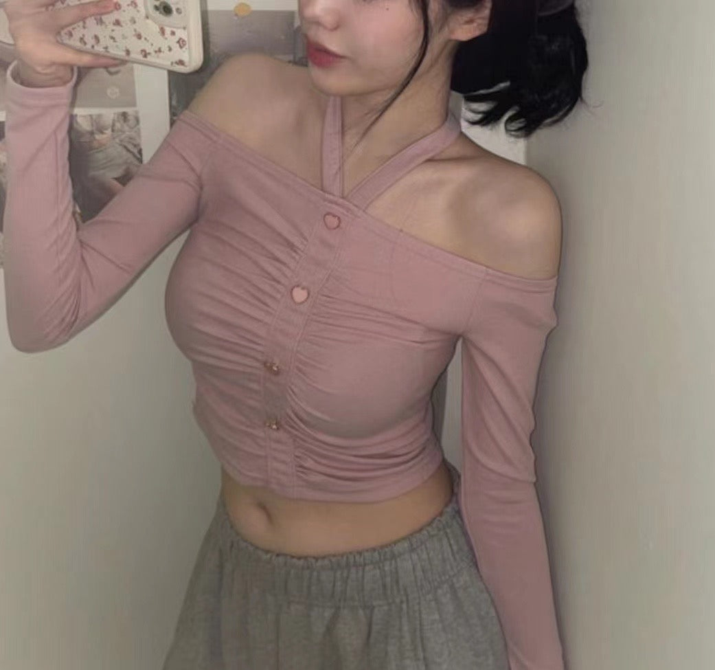 性感掛脖心形抓胸皺摺Top