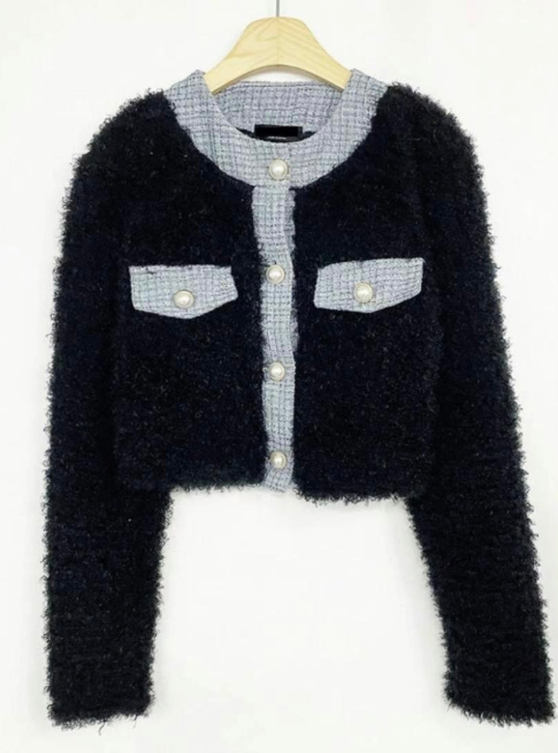毛毛珍珠小香風拼色Cardigans