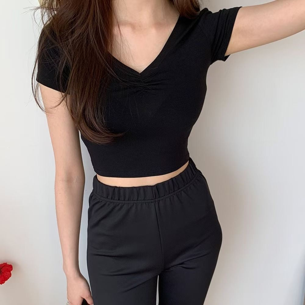 V領微抓胸皺摺Crop Top
