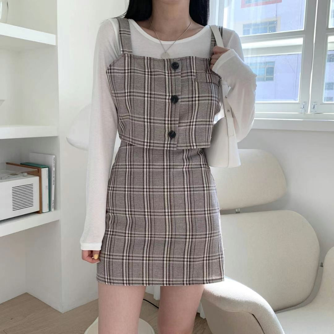 粗格紋吊帶背心Set