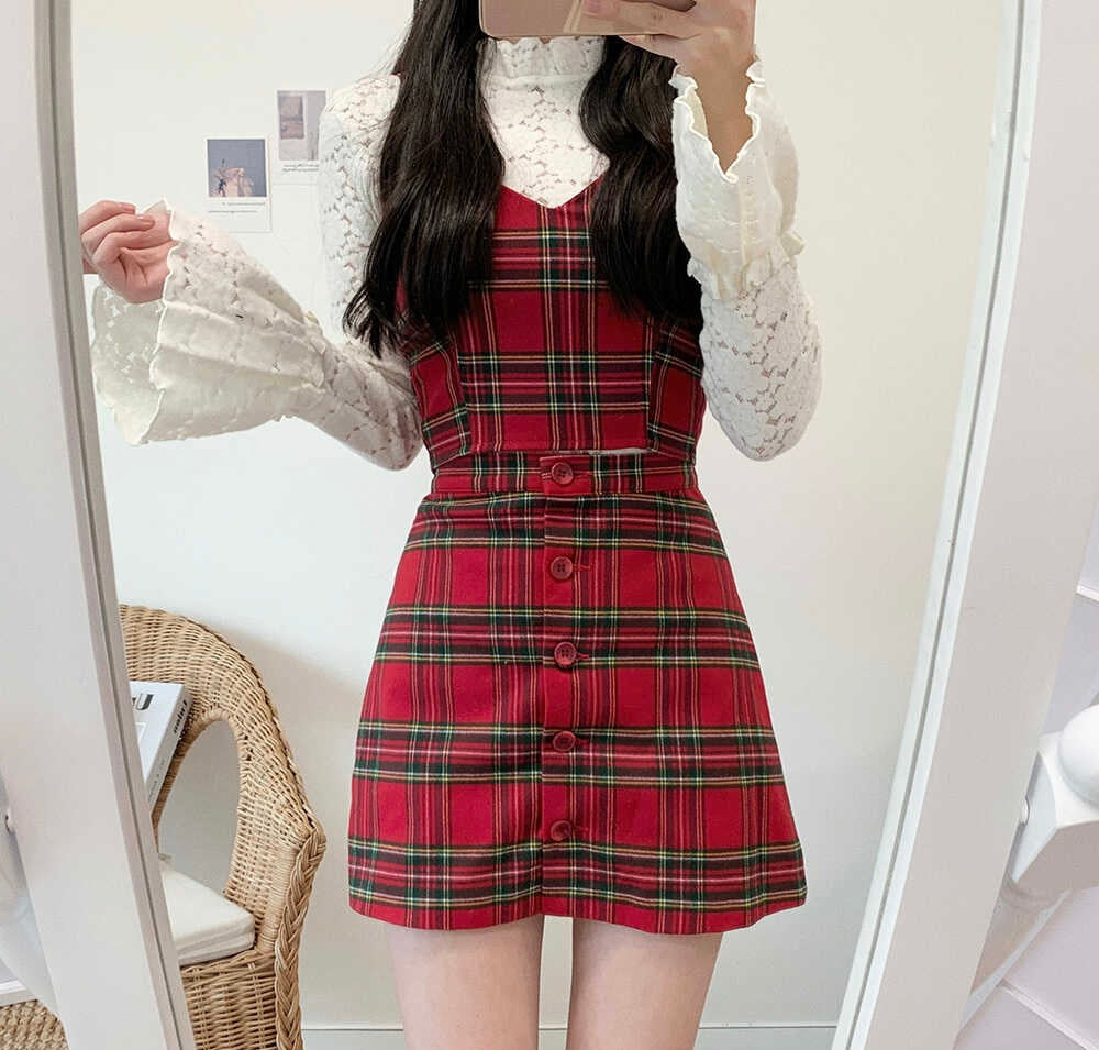 吊帶格紋Set