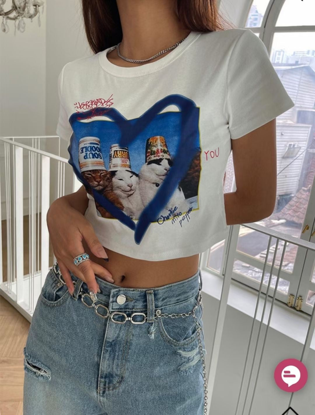 Y2k Funny Cat Crop Tee