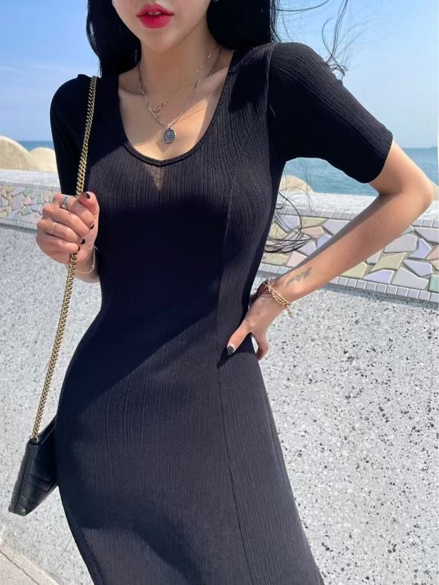 性感U領開衩長裙