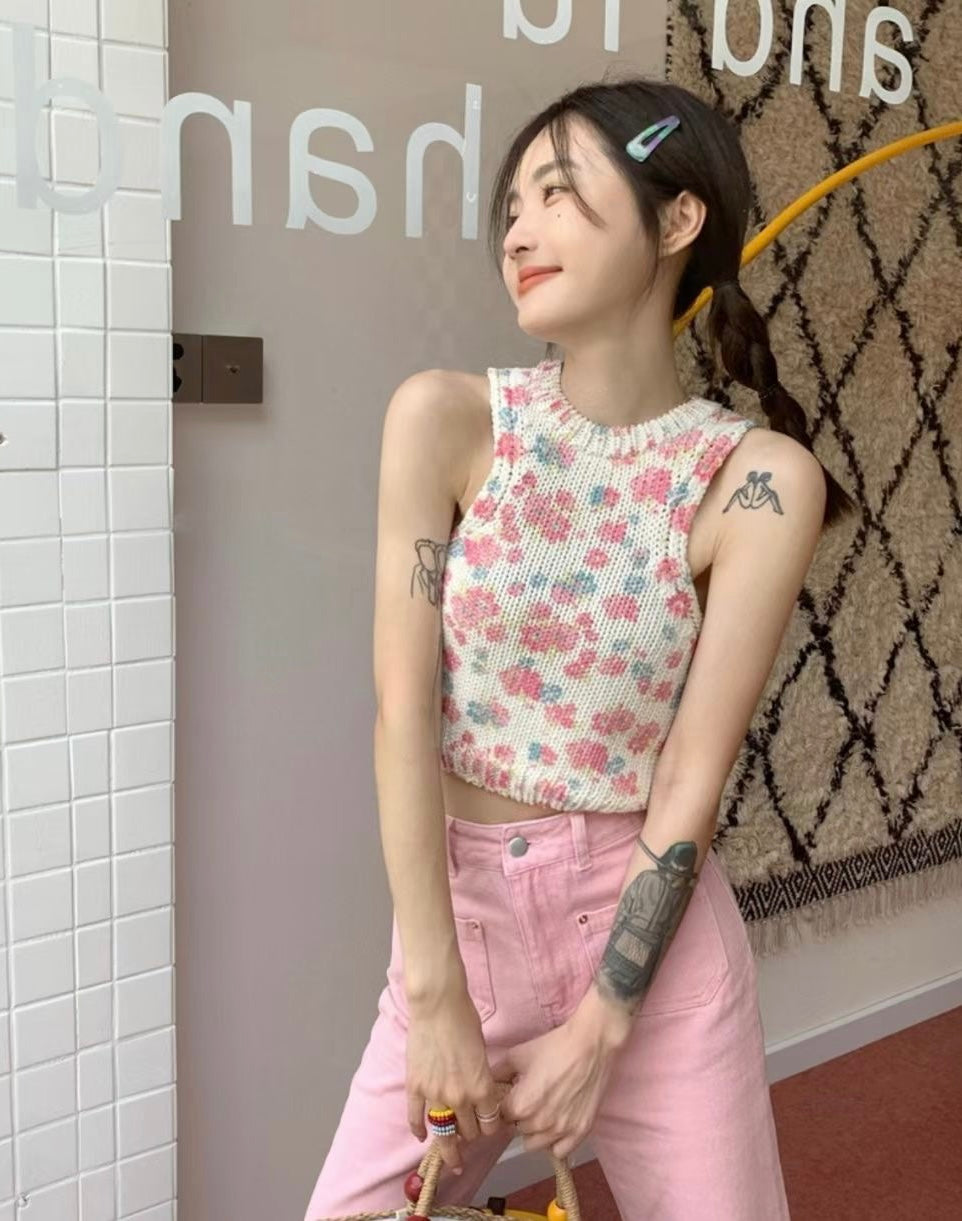 少女幼齡感可愛花花針織背心
