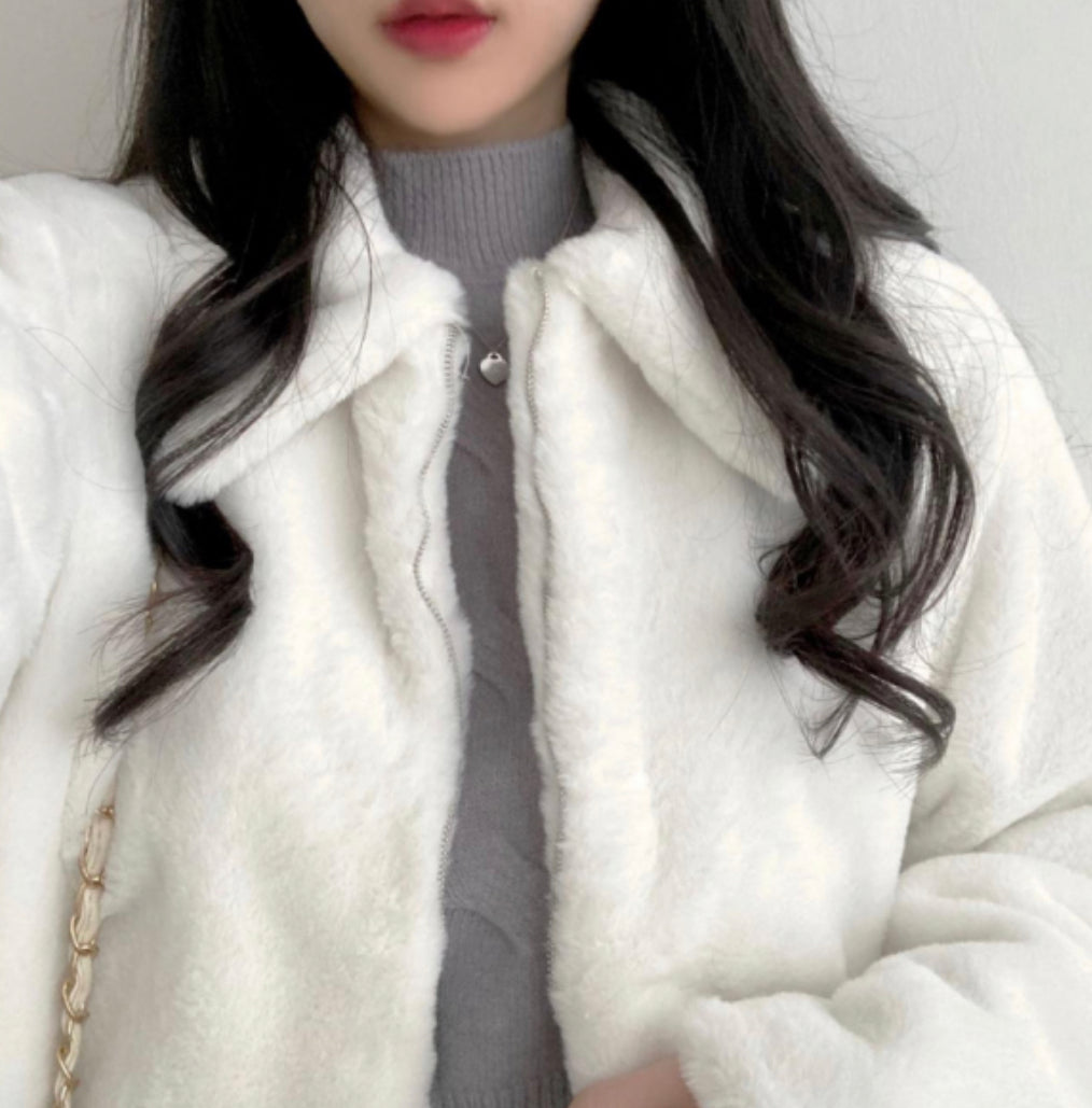 翻領小雪貂滑毛拉鍊外套
