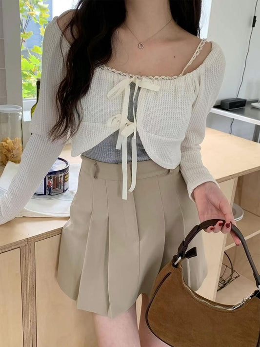 Double Ribbon Waffle Cardigan