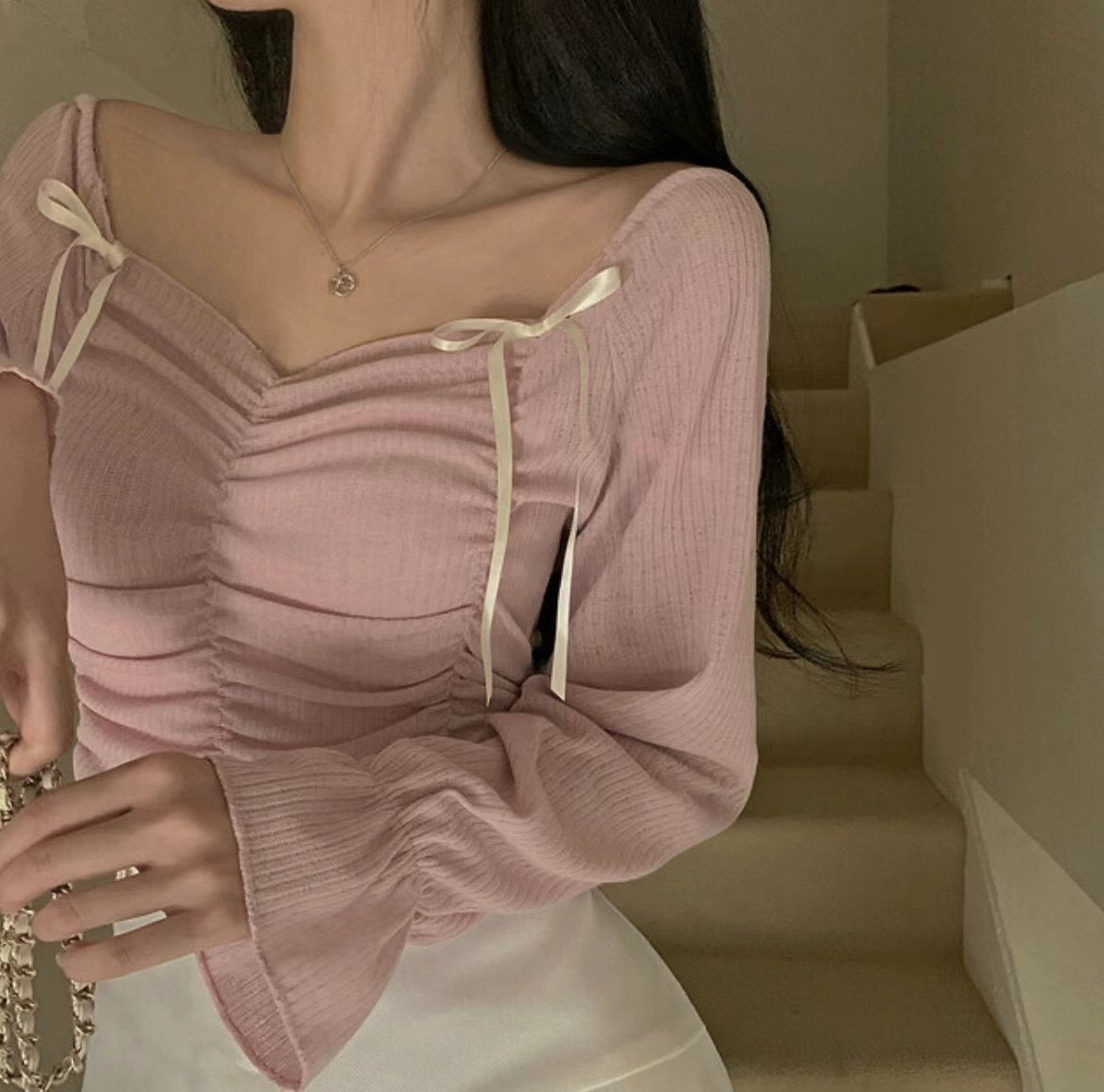 甜美蝴蝶結抓皺Crop Top