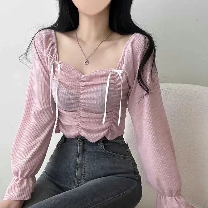 甜美蝴蝶結抓皺Crop Top