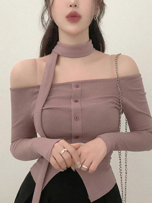 小性感一字膊鈕扣針織Top+頸帶
