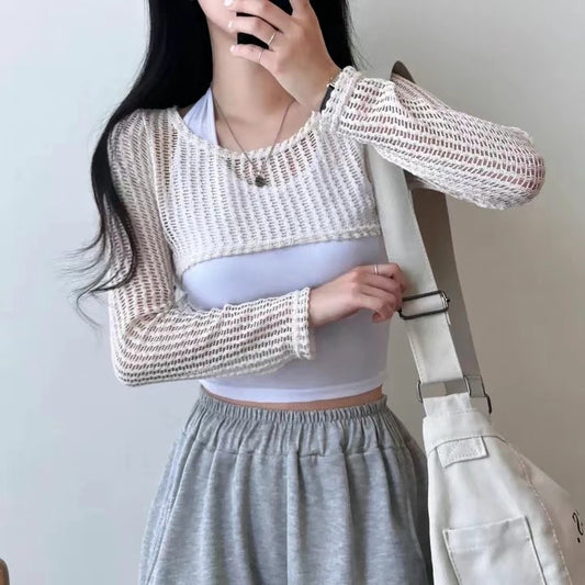 性感掛頸背心+鏤空網格罩衫Set