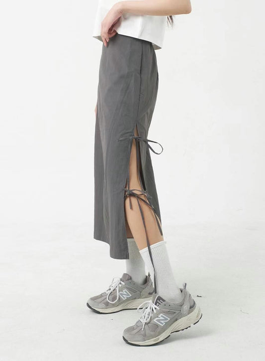 高腰綁帶開衩直長裙