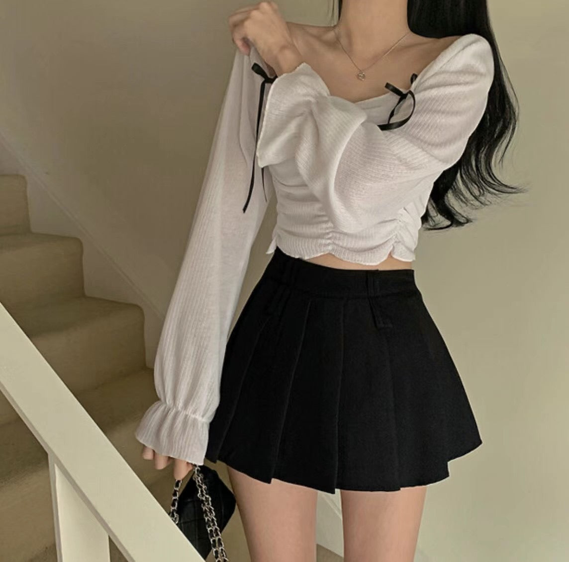 甜美蝴蝶結抓皺Crop Top