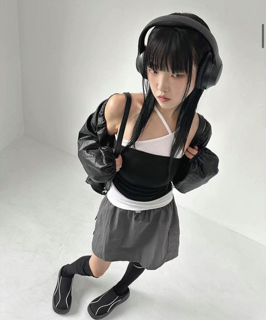 Y2k型格口袋工裝短裙