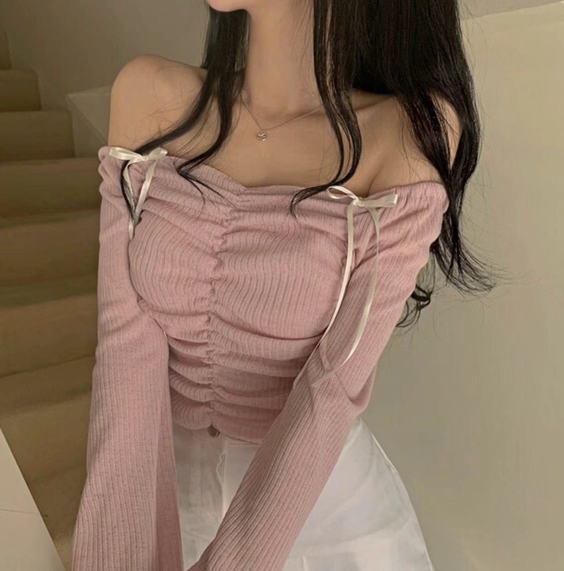 甜美蝴蝶結抓皺Crop Top