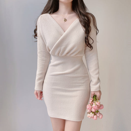 V領交疊針織修腰連身裙(附腰帶)