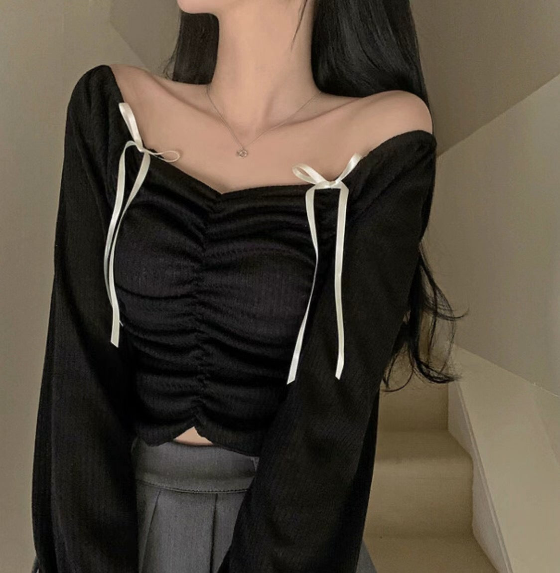 甜美蝴蝶結抓皺Crop Top