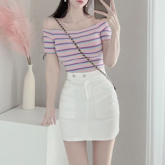 彩虹間紋一字膊Top