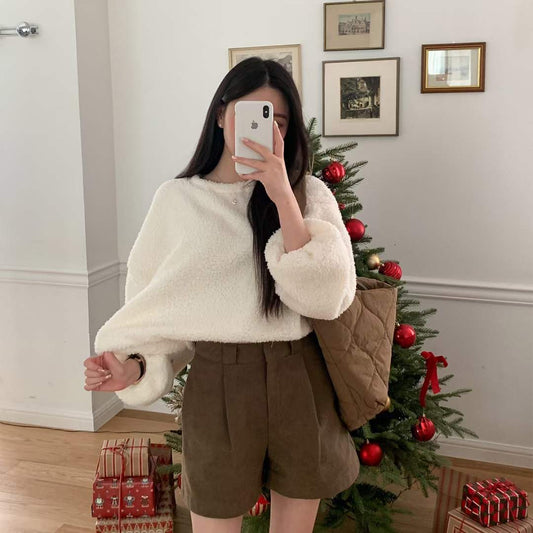 可愛純色圓領毛毛衛衣