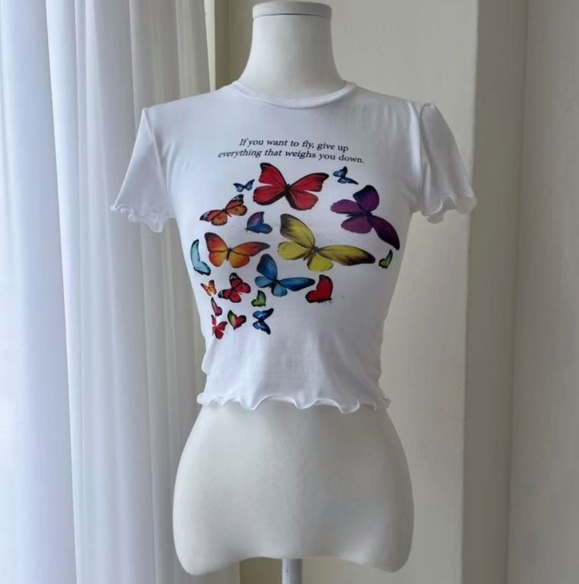 Colour Print Butterfly Crop Tee