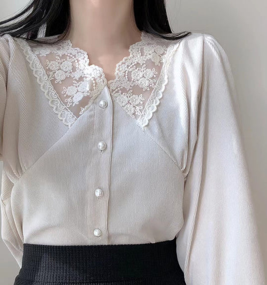 Vintage燈芯絨蕾絲Top