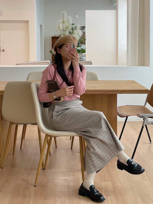 西裝格紋開衩長裙