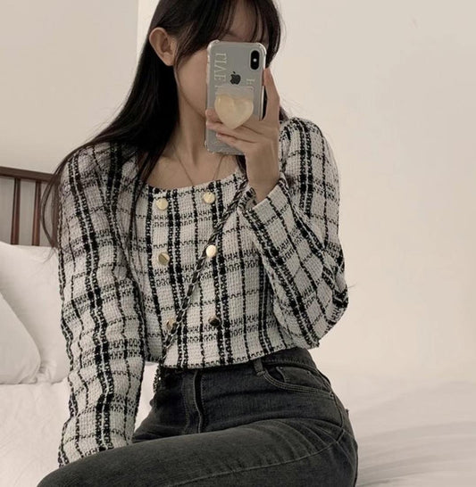 Tweed Checked Button Top