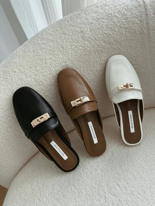 方頭皮革金釦穆勒鞋