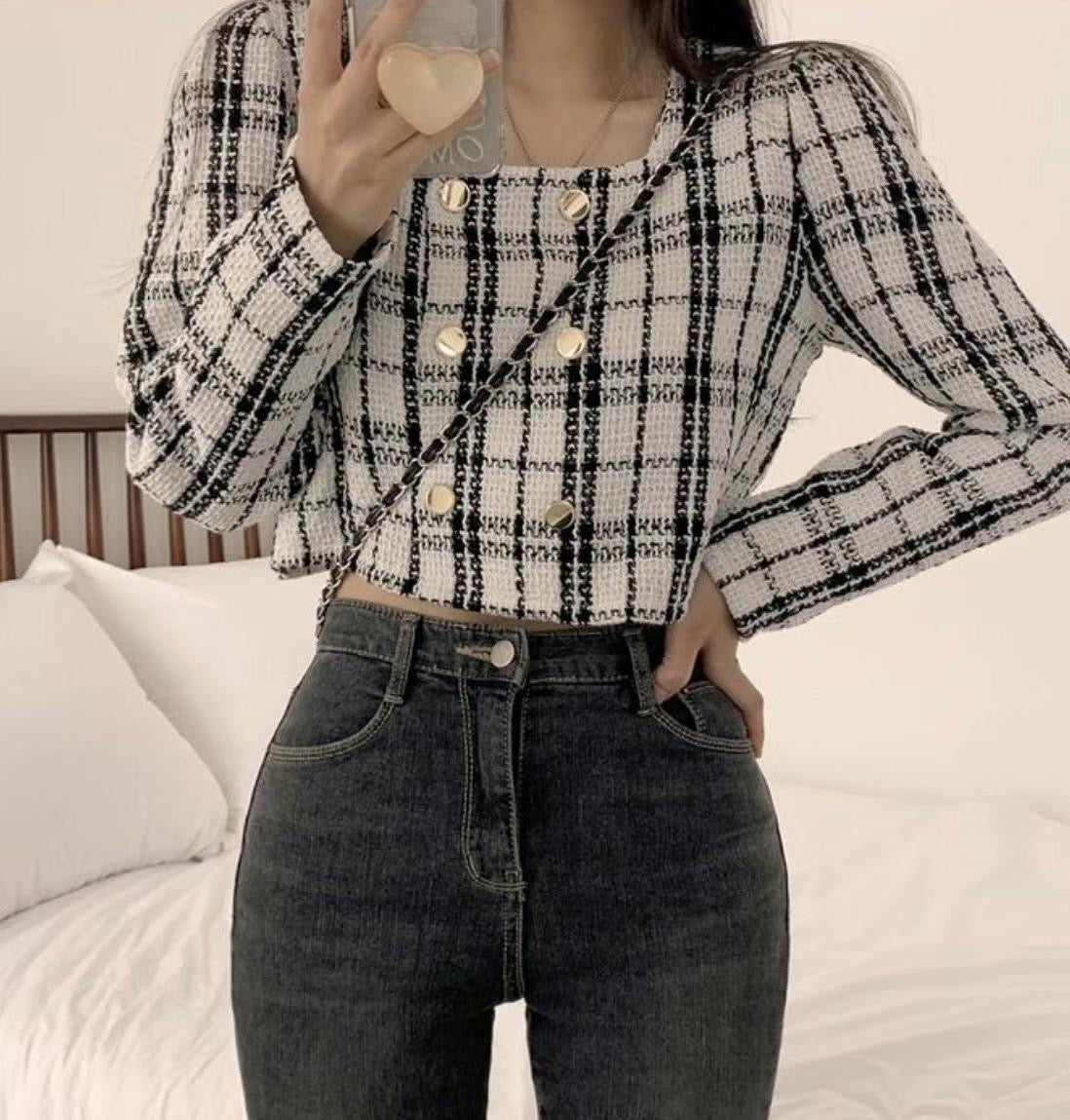 Tweed Checked Button Top