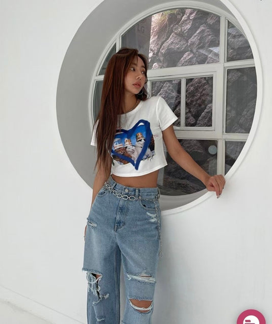 Y2k Funny Cat Crop Tee