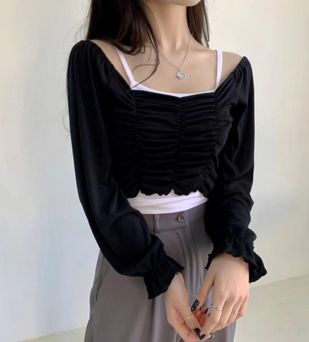 小性感心型皺褶Crop Top