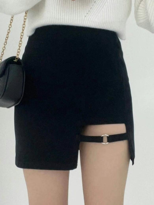 不對稱皮帶高腰顯瘦裙