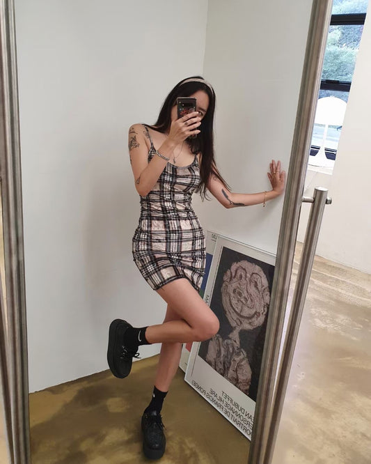 復古格紋吊帶Ops